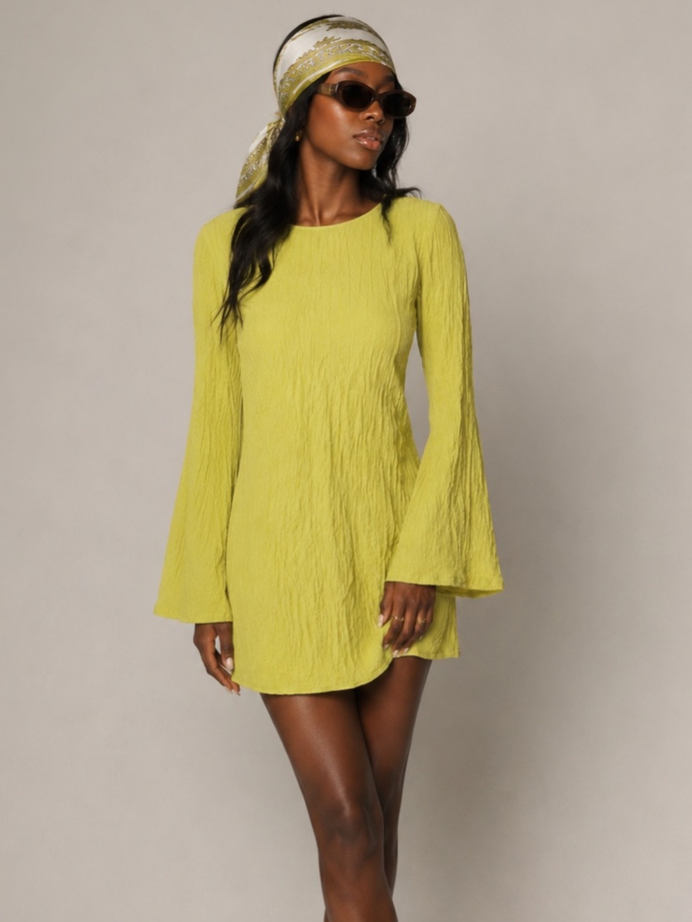 H&M Green Crinkle Bell Sleeve Shift Dress Retro Boho XS